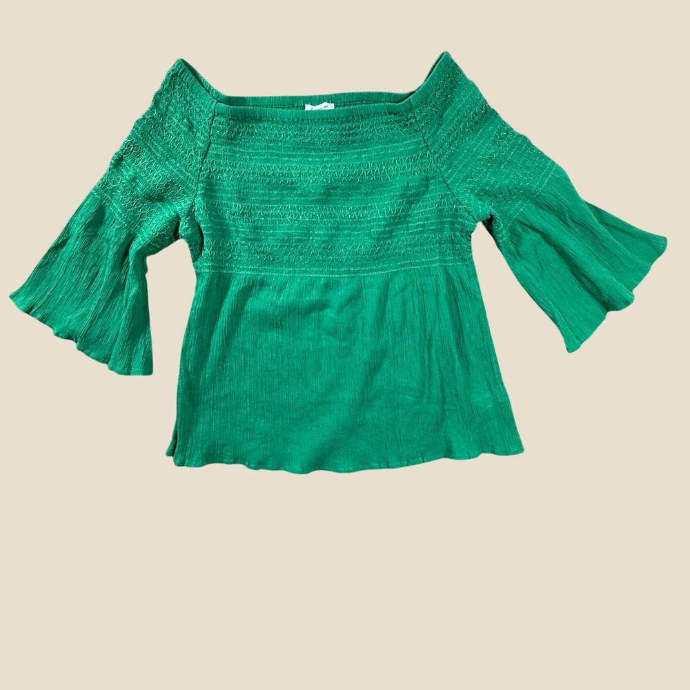 Beachlunchlounge Green Smocked Off Shoulder Bell Sleeve Cotton Gauze Top Medium